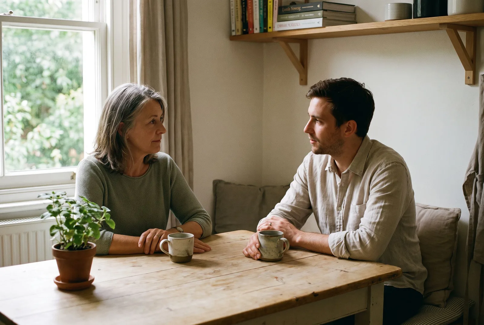 Illustration of two adults listening to one another at a kitchen table.