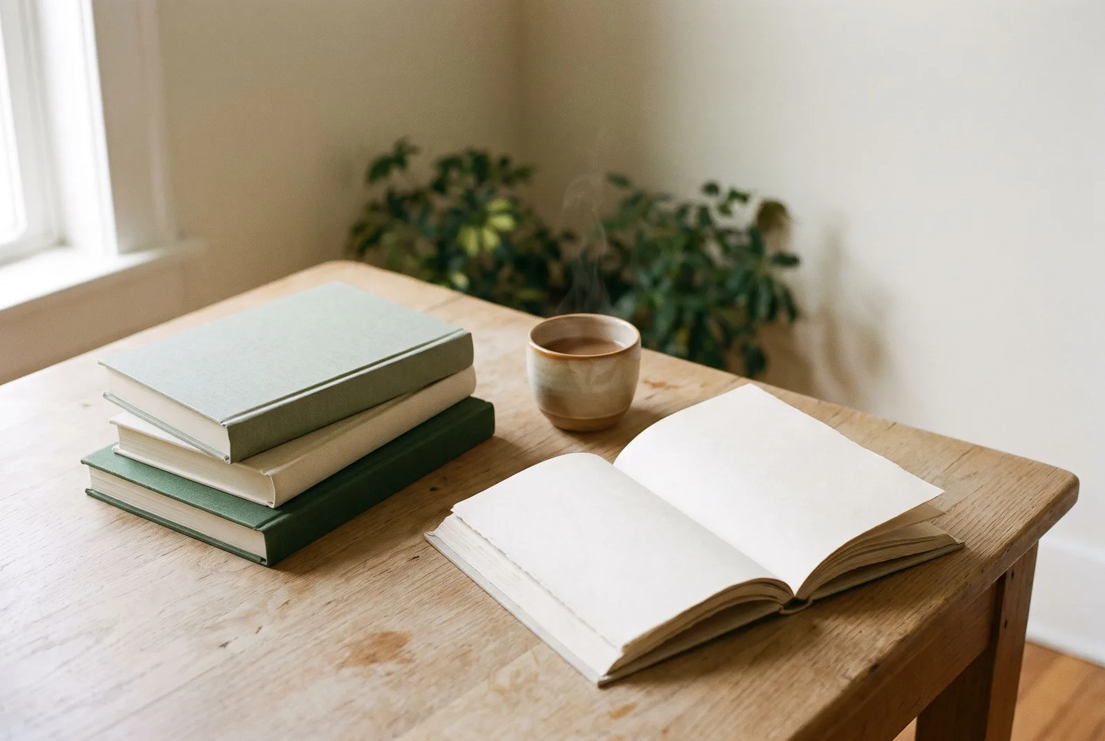 Illustration of books and a ceramic cup on a reading table.