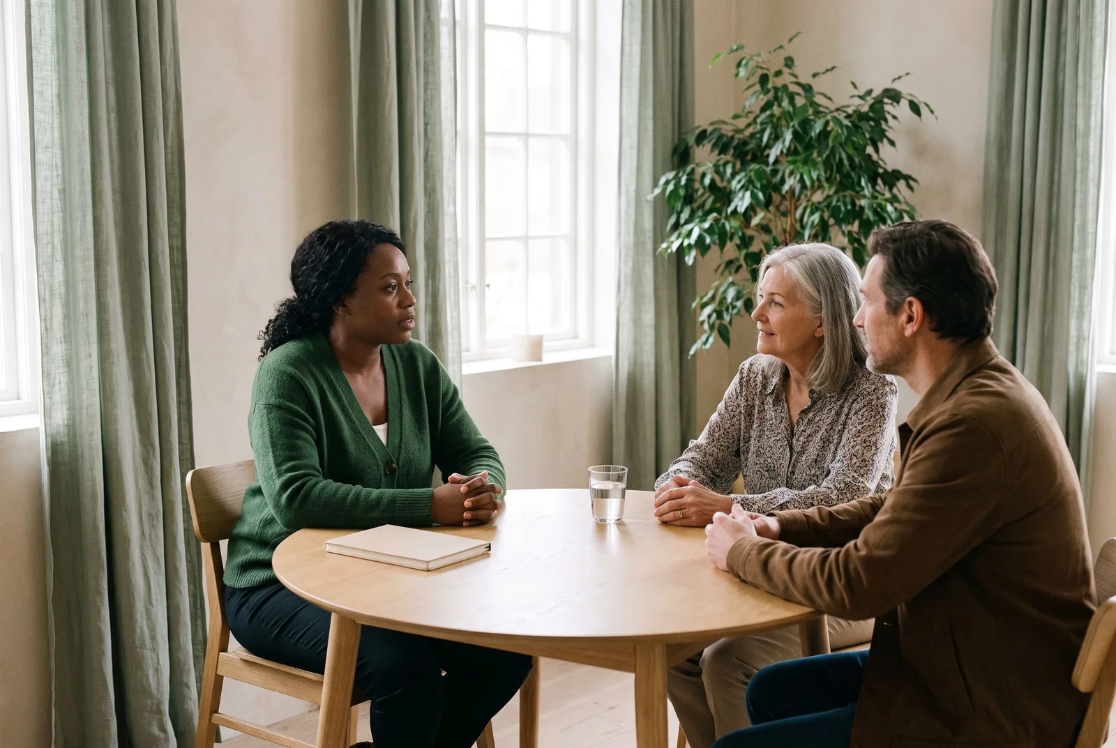 Illustration of three adults having a thoughtful conversation around a table.