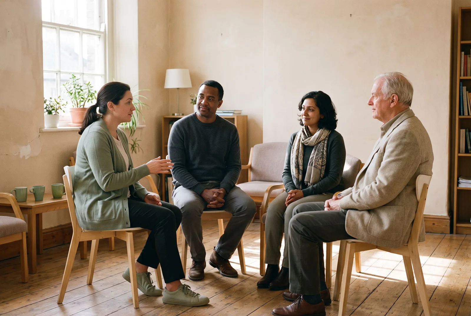 Illustration of four adults listening and talking in a sunlit room.