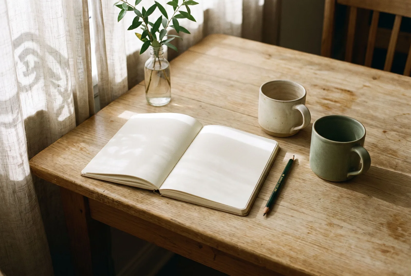 Illustration of an open notebook, a pencil, and two ceramic mugs.